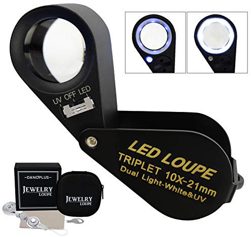 10x Magnifier Jewelry Loupe LED UV 21mm Triplet Lens Optical Glass Pocket Gem Magnifying Tool Jeweler, Stamp Philatelist, Coin Numismatic