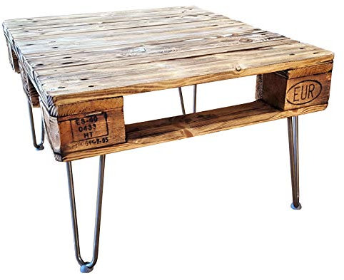 daves redesign Couchtisch aus Palette Industrial beflammt mit Hairpin-Legs Hand-Made in Germany Beistelltisch Holztisch Vintage Wohnzimmertisch Holz Industrial Shabby Chic Palettenmöbel antik