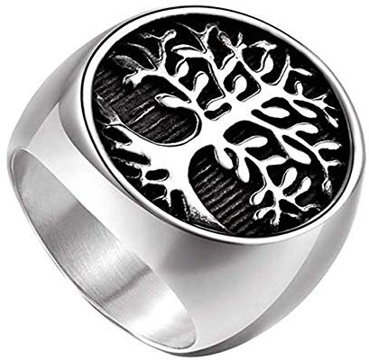 HIJONES Religieux Ancien Classique Arbre de la Vie Sceau Bague pour Hommes en Acier Inoxydable avec Ronde Argent Taille 57
