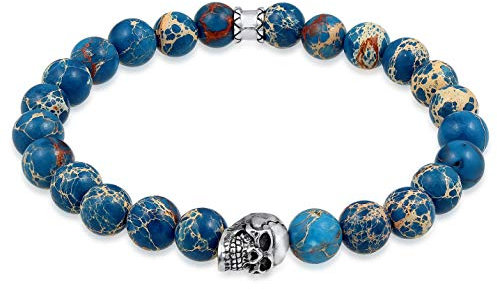 Kuzzoi Buddha Herren Armband mit blauem Achat Edelstein Perlen und Totenkopf in 925 Sterling Silber Anhänger, Yogaarmband, Energiearmband, Länge 23 cm, elastisch, 0205930619