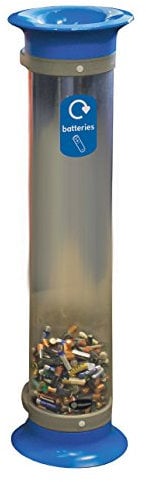 Glasdon C-Thru 15 L Battery Recycling Tube (4 Colours) – Transparent Recycling Bin for Batteries – 15 L Battery Disposal Collection Tube (Blue (Funnel Lid) with Graphic)