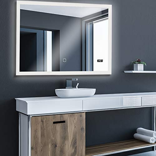 Aquamarin® Badspiegel mit LED Beleuchtung - EEK A++, Touchschalter, Dimmbar, Kaltweiß, Neutral Warmweiß, Einstellbar, Digitaluhr, versch. Größen Modelle-Lichtspiegel, LED Spiegel (Uhr, 100 x 80cm)