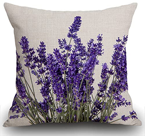 Smooffly Throw Pillow Case Lavender Flowers Cushion Covers 18x18 inch Linen Square Throw Pillow Cover for Living Room Sofa Couch Bed Pillowcase 45cm x 45cm