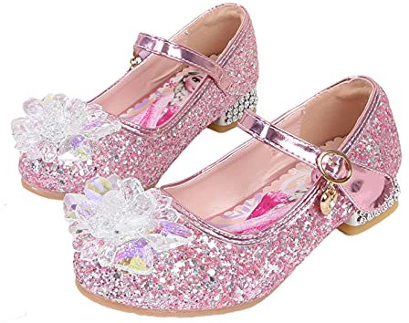 KANDEMY Mädchen Kristall Elsa Schuhe mit Absatz Glitzer Prinzessin Schuhe mit Pailletten Kinder Sandalen Eiskönigin für Halloween Fest Fasching Geburtstag Party Pink 28