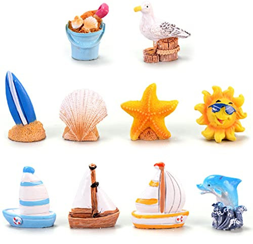 LTHERMELK 10 Stück Strand Mikrolandschaft Miniatur Ozean Strand Szene Ornament Set für DIY Fee Garten Dekoration Sonnenschirmen Booten Modell