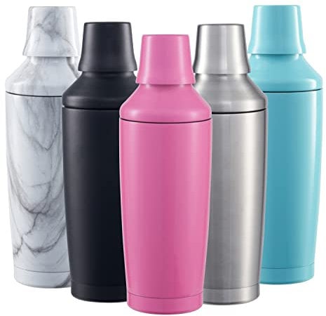 FABV Gift Ready Cocktail Shaker with Jigger Spirit Measure Lid - 600ml Vacuum Insulated Stainless Steel Shaker - Cocktail Mixer with Built-in Strainer (Aurora Pink)