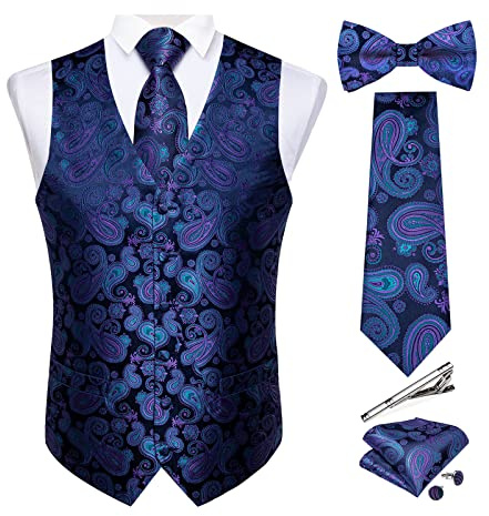 DiBanGu Herren-Set aus Seide, Paisleymuster, Weste und Krawatte, vorgebundene Fliege, formelle Weste für Hochzeit, Party, 6 Stück