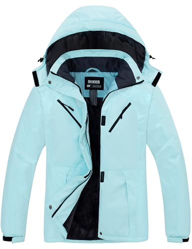 Skieer Women's Lightweight Rain Jacket Waterproof Hooded Coat Windproof Warm Coat Light Blue M