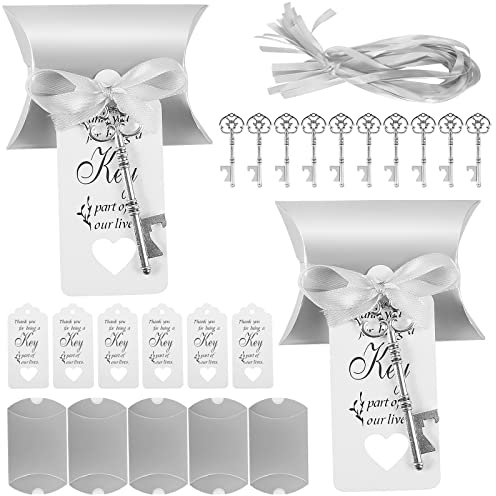 Ouvre Bouteilles Lot de 20, Teklemon Vintage Porte Clef Decapsuleur avec des Étiquettes Cadeaux et Boîtes à Bonbons, Mariage pour Invite Décoration pour Bar Fête Anniversaire Noël (Argent)