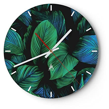 Modern Wanduhr Blätter Pflanzen Exotik 40x40cm Rund Groß Wand Uhr Glas Analog Zimmeruhren Küche Büro Wohnzimmer Glasuhr Wall Clock Dekoration Design Wanddekoration Küchenuhr C3AR40x40-5066