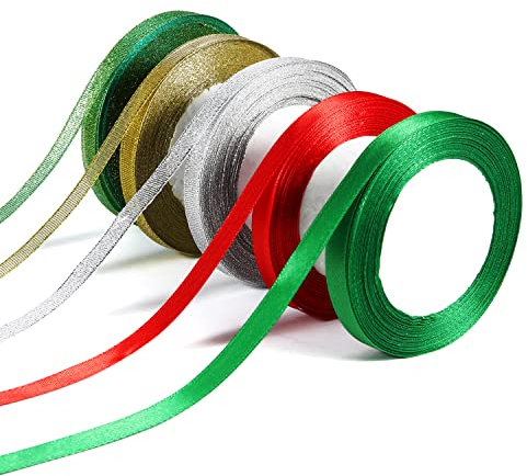 KINBOM 5 Rouleaux Rubans de Noël, 1cm x 22,9m Étroit Ruban à Paillettes Noël Rubans de Noël de Rouleaux pour Décoration de Sapin de Noël Emballage Cadeau Artisanat (2 Styles)