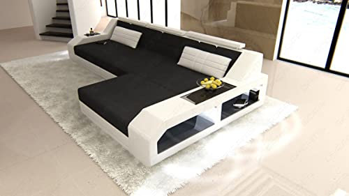 Ecksofa Arezzo - mit LED Beleuchtung, verstellbare Kopfstützen, Ottomane/Mikrofaser/Ausrichtung wählbar (Ottomane rechts, Weiss-schwarz)