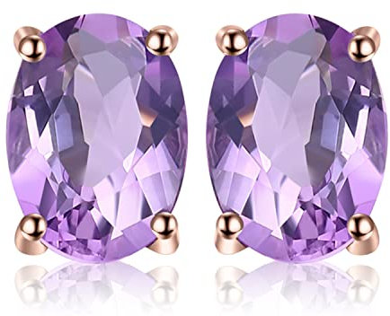 JewelryPalace Orecchini a Bottone Donna Argento 925 con Naturale Ametista Viola, Piercing a Lobo con Pietre a Taglio Ovale, Set Gioielli in Oro Rosa