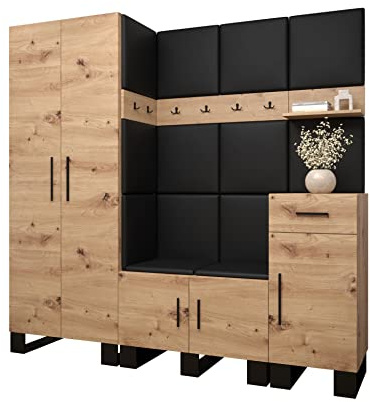 MEBLE KRYSPOL Garderobe Artin Set 1 mit gepolsterten Paneelen Industriell Design (Artisan Eiche + schwarzes Öko-Leder)