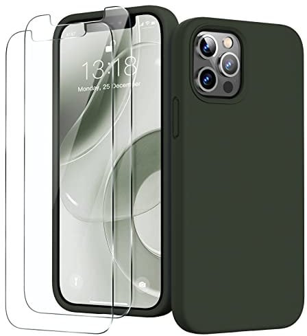 GOODVISH 3 in 1 for iPhone 12 Pro Max Case Liquid Silicone with 2x Screen Protector, Anti-Scratch Full covered Microfiber Lining Shockproof Protective Slim Phone Case Cover 6.7, Army Green
