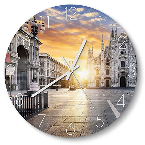 DEQORI Glasuhr | rund Ø 30 cm | Motiv Mailänder Dom am Morgen | ausgefallene leise Design Uhr aus Glas | Wanduhr für Wohnzimmer & Küche | Moderne Hingucker Uhr für die Wand