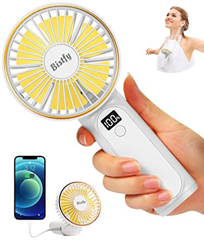 Bistfy Ventilatore Portatile 5200mAh Ultra Silenzioso 6 Velocità USB C Mini Ventilatori da Tavolo con LCD Display, 180° Pieghevole con Cordino come Ventilatore da Collo e Powerbank