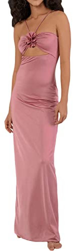 Y2k Robe longue moulante à bretelles spaghetti et coupe basse sexy dos nu, O-rose., Taille M