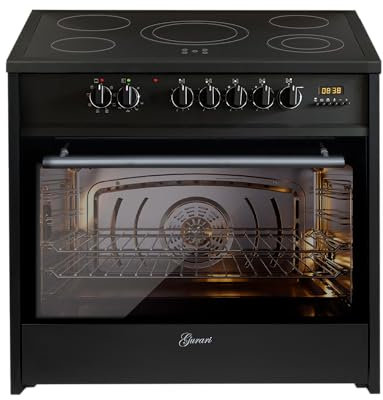 GURARI Cuisinière électrique 912 BL, 90cm, Vitrocéramique, Range Coocker, 121 L,8 fonctions, Air chaud, barbecue, 5 zones de cuisson, 5 boosters, extracteur télescopique, Noir