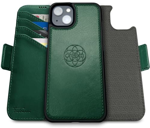 dreem for iPhone 15 Plus Case Wallet, Revolutionary Phone Stand, Vegan Leather, MagSafe-Fit, Magnetic Detachable Flip Cover, RFID Blocking Card Holder, Gift-Box [Fibonacci:Green]