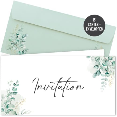 Things of Happiness 15 Cartes d'invitation avec enveloppes pour mariage, anniversaire, baptême | Invitation prélude à la jeunesse, communion, confirmation | 15 cartes pliables DIN long | Eucalyptus