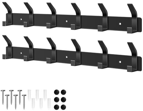 AUXHCYL Coat Hooks Wall Mounted, 2 Packs Coat Hangers Wall Mounted with 6 Hooks, Rust-Proof Coat Racks for Jackets, Bags, Hats and Scarves, Wall Hanger for Bedroom, Bathroom, Kitchen (Black)