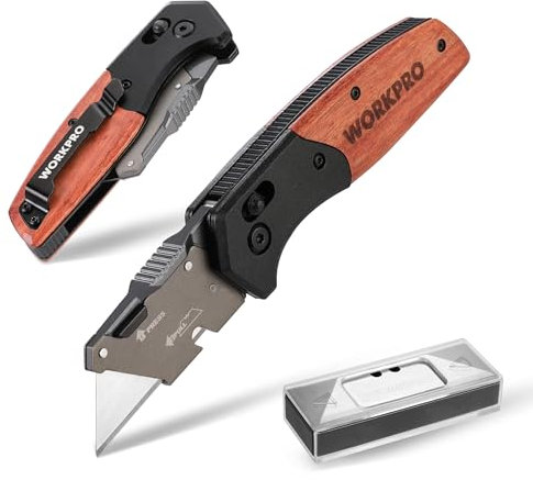 WORKPRO Cutter Professionnel Pliant, Lame Cutter avec Mécanisme de Changement Rapide, avec Manche en Bois Classique et 10 Lames en SK5 de Rechange, Robuste et Ergonomique