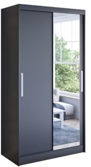 Easy4You K6 100 cm Schwarz Schiebetüren Kleiderschrank 100x200x58 cm mit Spiegel - Schlafzimmermöbel, Aufbewahrung - Mehrzweckschrank
