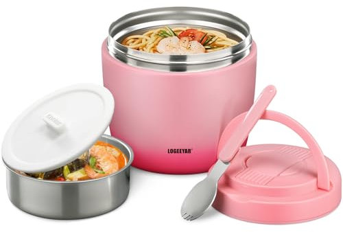 Itslife Termo para Comida 970ml, Fiambrera Acero Inoxidable,Taza Aislada con Cuchara Plegable, Aislante Térmico Recipiente para Sopas, Ensaladas, Adecuado para Oficinas y Escuelas, Rosa