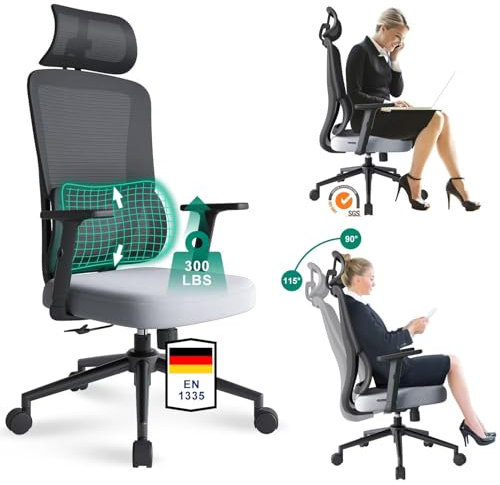 Eucladoceros Bürostuhl Ergonomisch,4-stufige Neigung Bürostuhle,Schreibtischstuhl mit Automatischer Lordosenstütze, Hohe Lehne, Bequem für Große Menschen, Bürostuhl 150 kg (Grau)