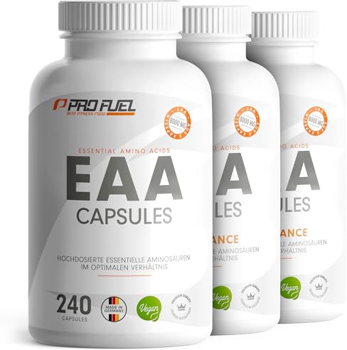 EAA Kapseln hochdosiert 240 Giga Caps mit je 1000 mg EAA (vegan) - optimiertes Multi-Amino E.A.A. Pattern mit 8 essentiellen Aminosäuren - laborgeprüft mit Zertifikat - 100% vegan - 3x 240 Kaps