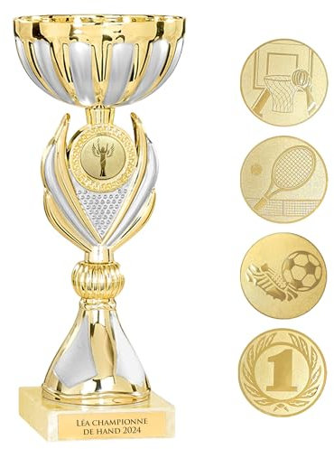 KDO MAGIC Trophée Personnalisable - Coupe personnalisée avec Texte - Gravure - Plusieurs modèles - Or et Argent - Cadeau fête des Pères, Anniversaire, Sport (Modèle Champion)
