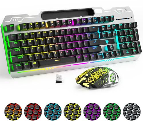 Combo sans fil clavier et souris de jeu, batterie rechargeable avec rétroéclairage RVB 2000 mAh, clavier mécanique anti-fantôme + souris 6D 3200DPI pour PC Gamer