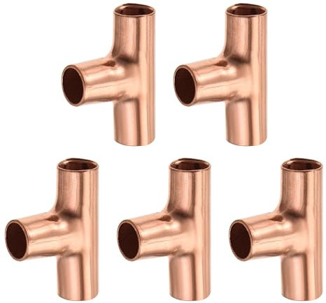 YOKIVE 5 Pcs Tee Copper Fitting, Plumbing 3 Way Copper Tube Pipe Fitting Welding Joint Connector Adapter, Great for HVAC, Air Conditioner (1/4 Inner Dia.)