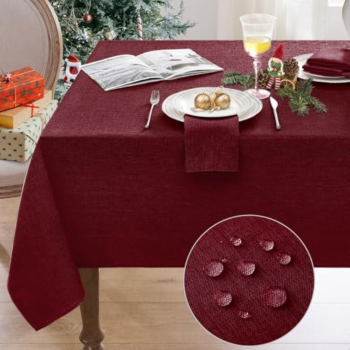 Softalker abwaschbare Tischdecke 320x140 cm Weihnachts Tisckdecken Rot Leinenoptik Tischtuch Wasserabweisende Silvester Tischdecke Rechteckig Gross Tablecloth für Outdoor Garten Hochzeite Festlich