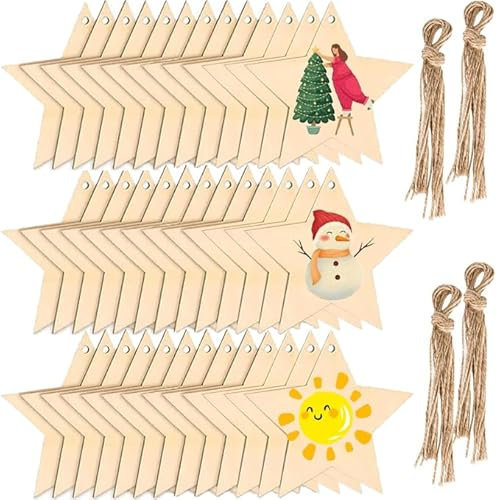 50 Stück Holzsterne Deko,BetterJonny 8cm Holz Stern Scheiben Holzsterne Zum Basteln Holzsterne Blank mit Juteseil Holzsterne Zum AufhäNgen für Weihnachten Valentinstag Hochzeit DIY Handwerk Malerei