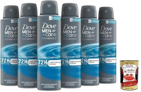 Dove Deodorant Dove Men + Care Clean Comfort Spray Advanced Care, Deo für Männer,mit 1/4 Feuchtigkeitscreme, hautfreundliche Formel, 72 Stunden, 6x 150ml + Italian Gourmet polpa 400g