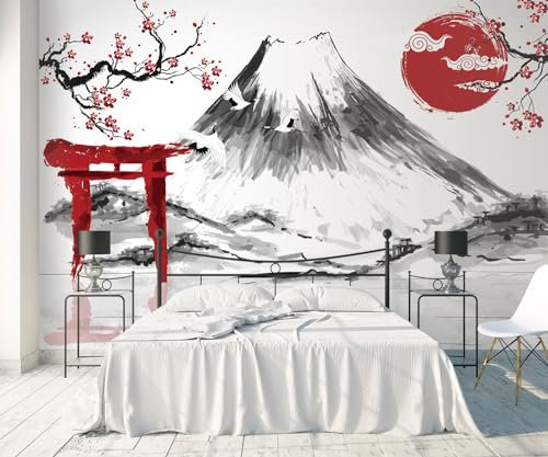 songqians Papier Peint Panoramique Fleurs de prunier du Mont Fuji noir et blanc Papier Peint 3D Tapisserie Murale Décoration Chambre Salon -S025-380cmx255cm