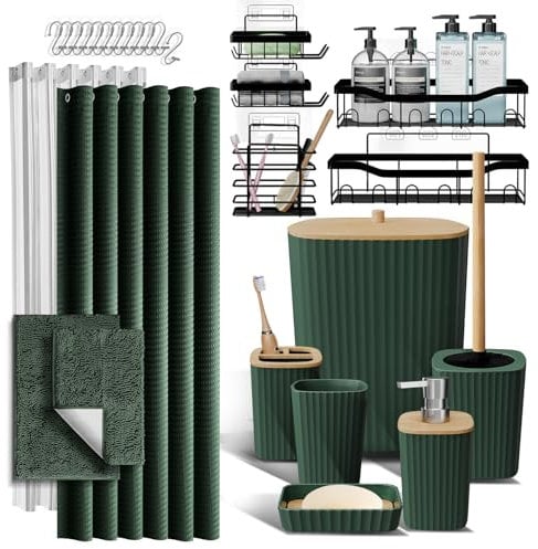 Shower Caddy and Bathroom Accessories Set with Bath Rugs 27PC Bathroom Accessory Set with Shower Caddies Green Bath Rugs, Shower Curtain Set, Toilet Brush, Trash Can, Soap Dispenser, Toothbrush holder