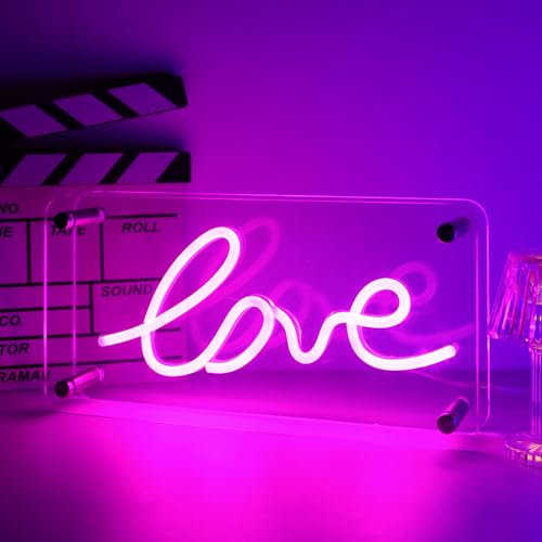 LOVE Neon Sign, USB Powered LOVE Neon Lights, Double-Layer Acrylic Pink LOVE LED Signs Night Light for Bedroom, Wedding, Living Room, Kids Room,Party, Bar Decor LOVE Neon Light Sign With Dimmer