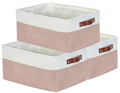 Mangata Rectangular Fabric Storage Boxes, Multi-Size, Material Container Baskets for Shelf, Wardrobe, Toys and Clothes, 41x31x18 cm, Pink and White(Large, 3 Pack)