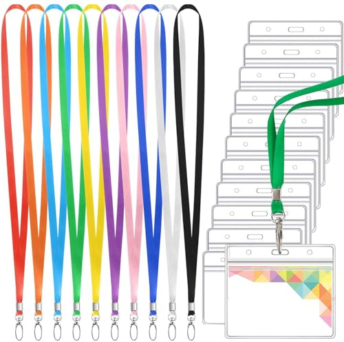 Ausweishülle mit Band, 10 Set Kartenhülle mit Lanyard, Transparenter PVC Ausweishülle, mit Drehbarem Clip Farbe Schlüsselband, für Schlüssel, ID Card Holder