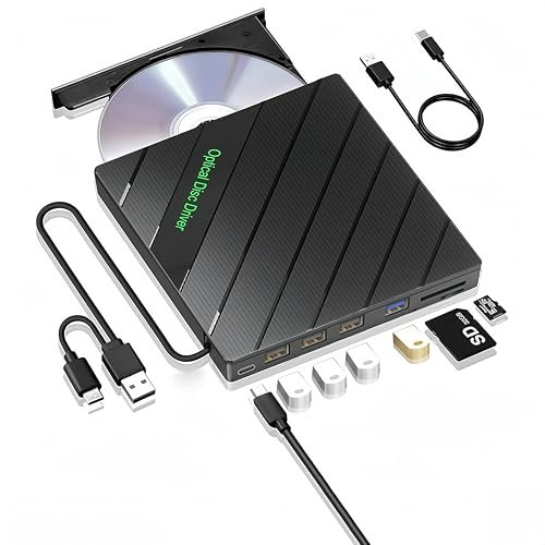External CD DVD Drive for laptop, USB 3.0 Type-C Portable DVD CD RW Disk Drive Player Burner Reader Writer with 4 USB Ports & SD/TF Slot for Laptop, PC, Mac, IOS, Windows 11/10/8/7/XP/Linux/Vista