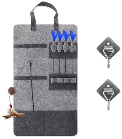 LELE LIFE Cat Wand Toy Storage Hanging Bag, Felt Cat Toy Holder Feather Toy Cat Teaser Toy Organizer, Cat Stick Toy Holder Cat Accessories with 4 Pouches