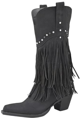 FGRID Stivali Western Donna Nappe Larghe al Polpaccio, Stivali Cowboy Alti Fino al Ginocchio in Pelle Scamosciata Vintage, Stivali Invernali Tacco a Blocco e Frange e Punta affilata,Nero,42