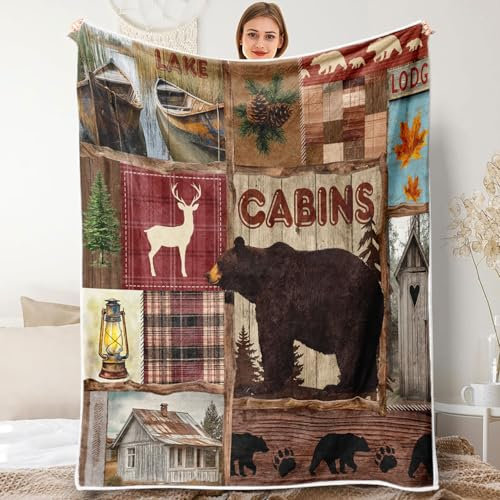 Rustikale Hütten-Überwurfdecke, Vintage-Stil, Landhausstil, Antik-Landhaus-Bär, Hirsch, See, Ahorn, Flanell, gemütlich, flauschig, Plüsch, Couch-Überwurf, Bauernhaus, Jagd, Camping, Überwurf,