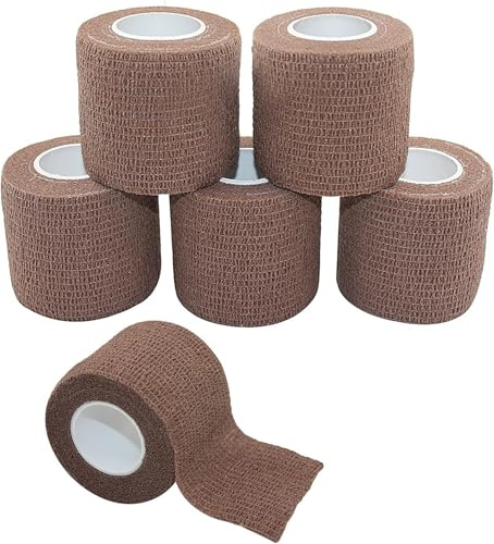 Selbstklebender Verband 5cmx4.5m Haftbandage Selbstklebend für Mensch und Tier, Elastische Fixierbinde Cohesive Bandage Haftbandage für Stretch Sportler, Handgelenk, Knöchel, Pet (6 Rollen/Braun)