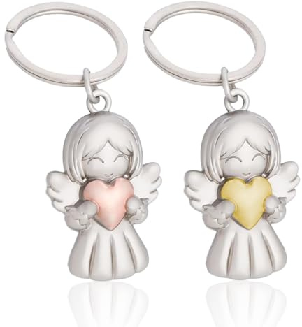 Porte-clés ange gardien porte-bonheur avec pendentif en forme d'ange avec cœur, 2 porte-bonheur, joli pendentif pour Examens ou Voiture Suspendue pour Femmes Petite Amie Collègues