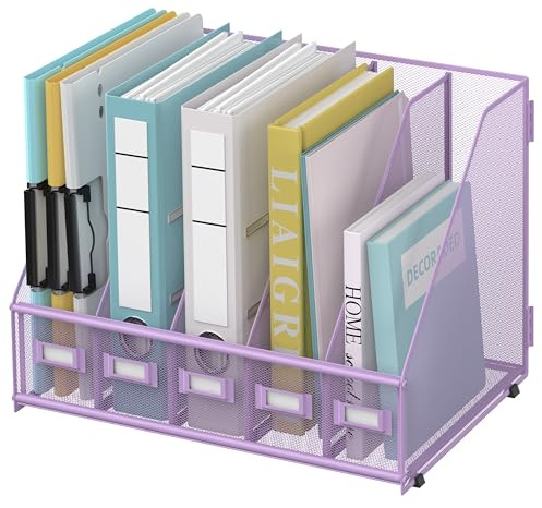 SUPEASY Schreibtisch Organizer Metall Schreibtisch Magazin Aktenhalter mit 5 vertikalen Fächern Rack Datei Organizer für Büro Desktop, Home Workspace, Lila