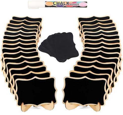 20 Pack Mini Kreidetafeln Schilder mit Staffelei Stehen, Kleine Rechteck Kreidetafeln Blackboard aus Holz, Tischkarten für Hochzeiten, Message Board Zeichen und Event-Dekoration, 1 Flüssigkeit Kreide